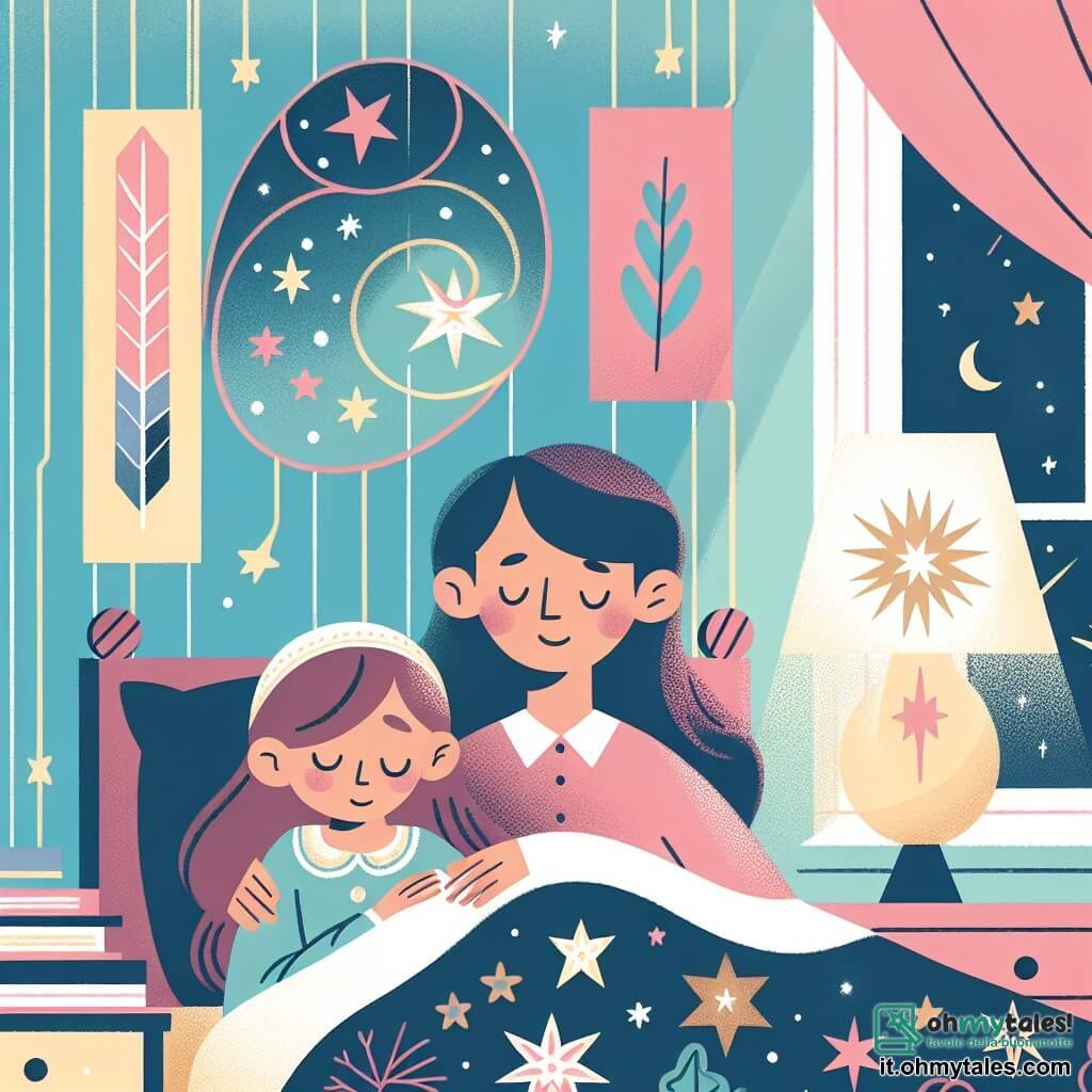 Une illustration destinée aux enfants représentant une jeune fille aux boucles brunes, tremblante sous ses couvertures, accompagnée de son père rassurant, dans une chambre aux murs pastel ornés de motifs étoilés, éclairée par une lampe en forme de stella.