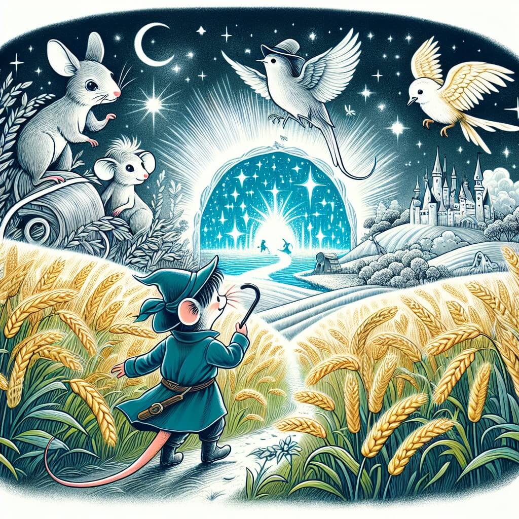 Une illustration destinée aux enfants représentant une petite souris intrépide, accompagnée d'un oiseau, dans un champ de blé ondulant, découvrant un portail magique menant à un royaume enchanté rempli de créatures magiques et de paysages féeriques.