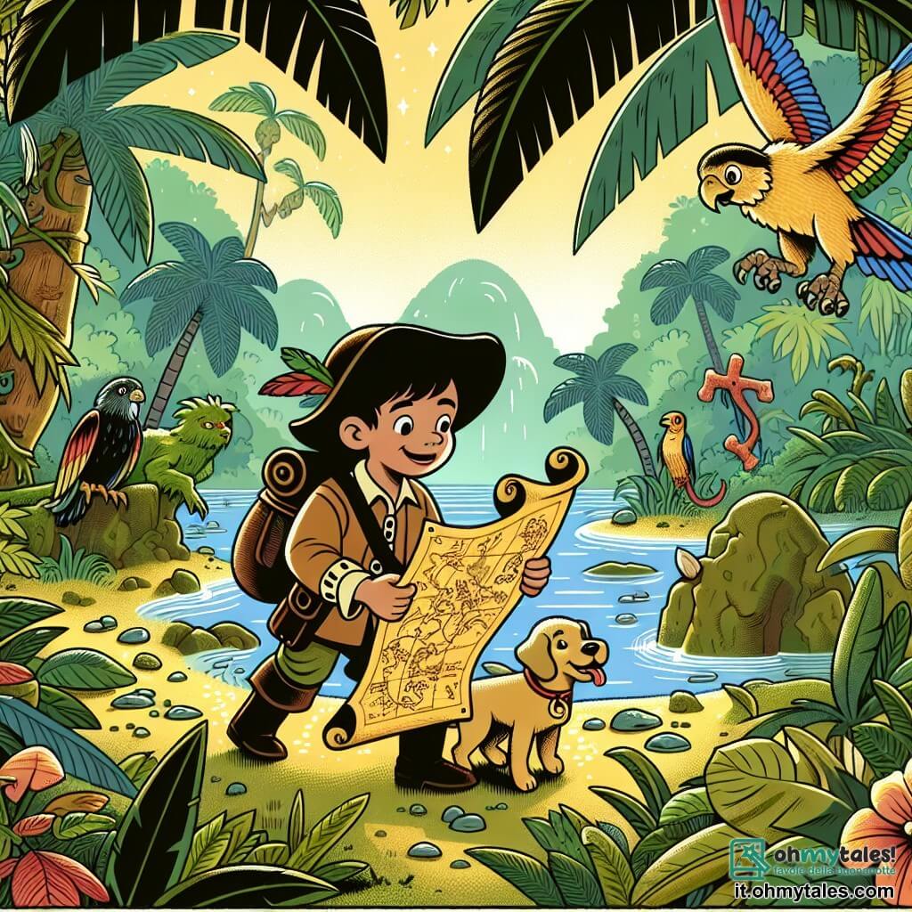 Une illustration destinée aux enfants représentant un jeune garçon intrépide, accompagné de son fidèle chien, découvrant une mystérieuse carte au trésor qui les mènera à travers une jungle luxuriante et remplie de créatures exotiques.