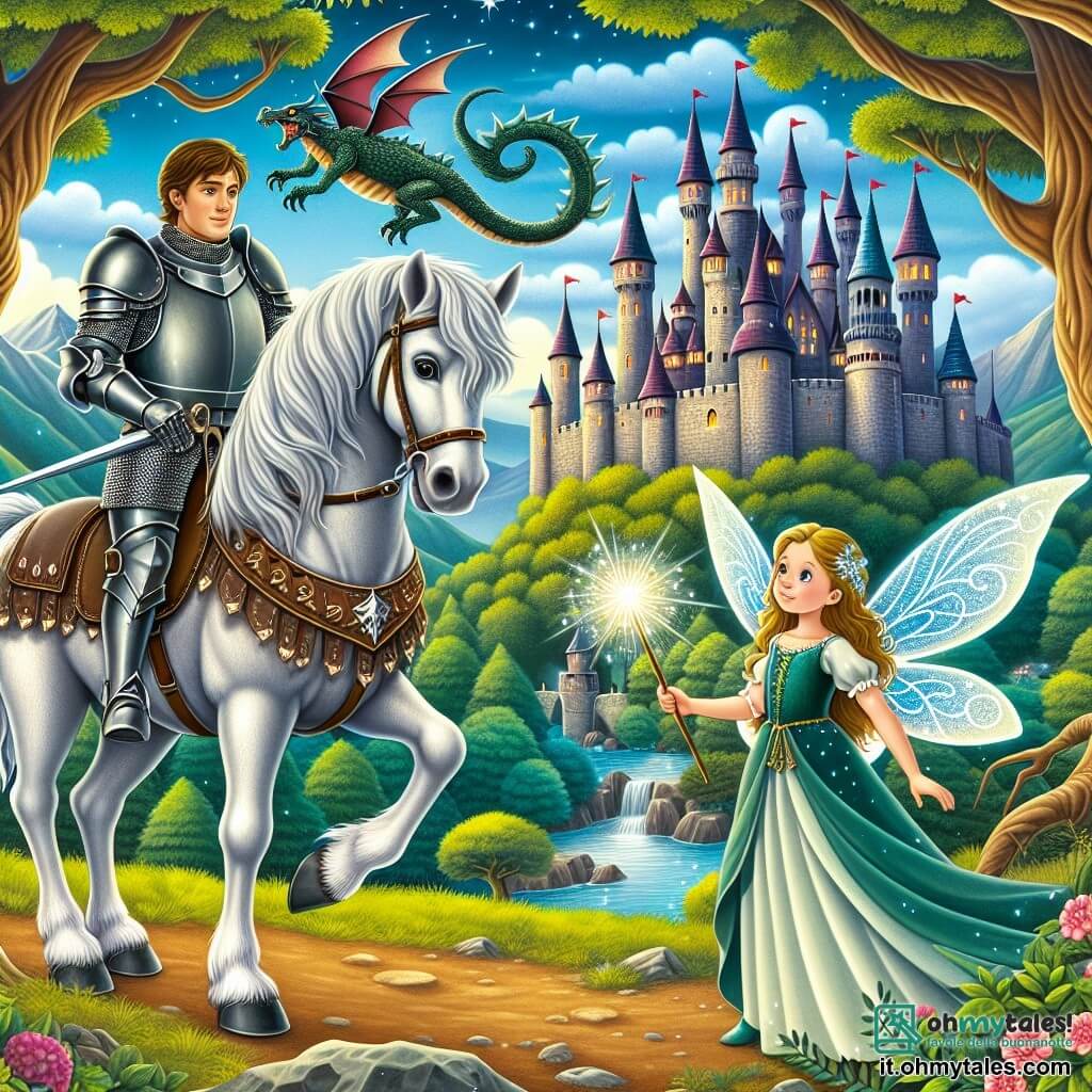 Une illustration destinée aux enfants représentant un courageux chevalier se tenant fièrement sur le dos de son noble destrier, prêt à affronter un terrible dragon dans une forêt enchantée, accompagné d'une fée étincelante qui l'aide dans sa quête, au cœur d'un royaume médiéval avec un majestueux château en arrière-plan.