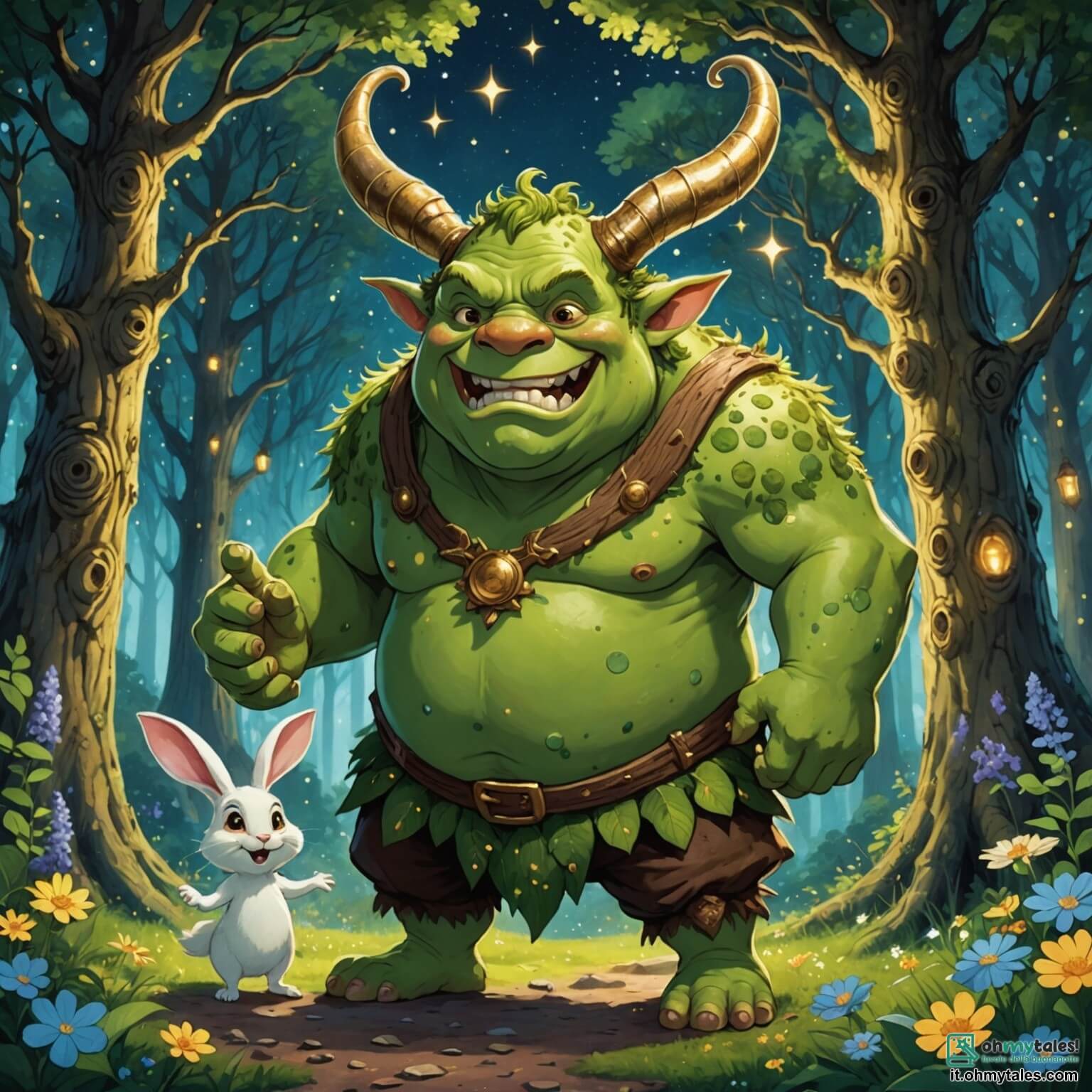 Une illustration destinée aux enfants représentant un ogre au visage jovial et aux yeux pétillants, avec une peau verte parsemée de taches dorées, se tenant dans une forêt enchantée où les arbres majestueux aux troncs noueux s'élèvent vers un ciel étoilé, entouré de fleurs luminescentes et de créatures féeriques, tandis qu'un petit lapin aux grandes oreilles, curieux et espiègle, observe la scène avec fascination, le tout formant un tableau magique d'amitié et d'aventure.