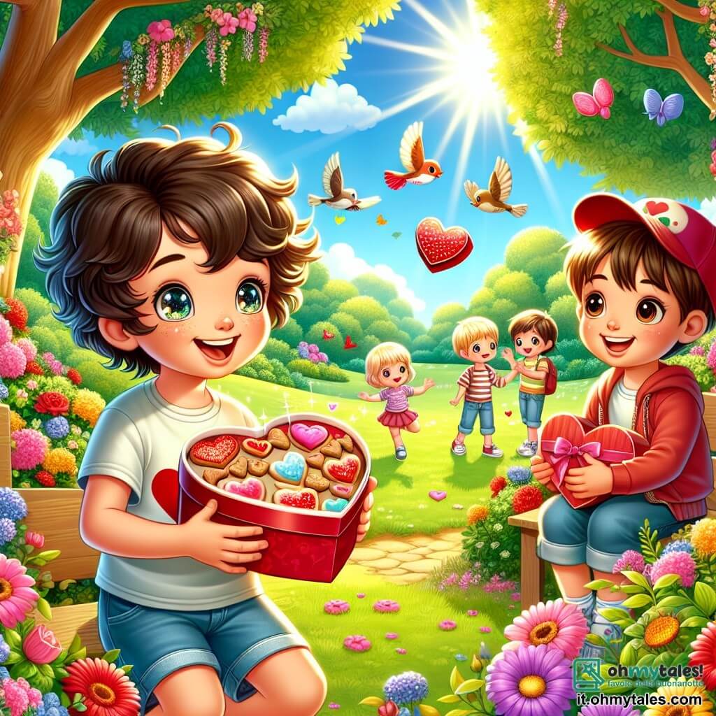 Illustrazione che rappresenta un parco soleggiato, pieno di fiori colorati e alberi maestosi. Al centro, un ragazzo di 9 anni, con capelli ricci e occhi scintillanti, sorride gioiosamente tenendo una scatola decorata con cuori rossi e rosa. Indossa una maglietta a motivi di cuori e pantaloni corti di jeans. Accanto a lui, un altro ragazzo, leggermente più grande, con capelli castani e un cappellino, guarda con entusiasmo la scatola, i suoi occhi brillano di eccitazione. La scena cattura il momento in cui si apprestano ad aprire la scatola per scoprire biscotti a forma di cuore, simboli della loro amicizia e della festa di San Valentino. Uccelli cantano sugli alberi e farfalle colorate volano intorno a loro, aggiungendo un tocco di magia all'atmosfera gioiosa. Sullo sfondo, altri bambini giocano e ridono, creando un'atmosfera festosa e calorosa.