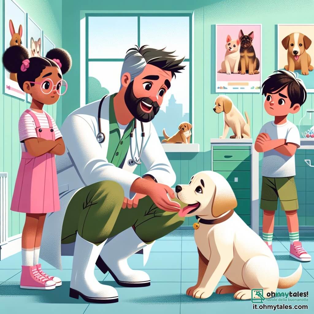 Illustrazione che rappresenta una clinica veterinaria luminosa e accogliente, con muri dipinti di verde pastello e poster colorati di animali appesi. Al centro, un uomo sulla quarantina, con una barba brizzolata e occhi brillanti di passione, indossa un camice bianco e stivali di gomma. È chinato su un adorabile cucciolo di labrador, accarezzandolo dolcemente mentre gli parla con un sorriso caloroso. Intorno a lui, un gruppo di tre bambini, due ragazze e un ragazzo, di circa 8-10 anni, osserva con meraviglia. Una delle ragazze ha i capelli ricci e indossa occhiali rosa, mentre l'altra ha capelli lunghi e castani, e il ragazzo ha i capelli castani e uno sguardo determinato. Sono tutti affascinati dal cucciolo, alcuni allungando la mano per toccarlo con cautela. La scena mostra un momento di apprendimento e tenerezza, dove l'uomo spiega ai bambini come prendersi cura degli animali, mentre il cucciolo scodinzola, felice di essere al centro dell'attenzione. Giocattoli per animali sono sparsi sul pavimento, e una finestra lascia entrare la luce del sole, illuminando la stanza con un'atmosfera gioiosa e calorosa.