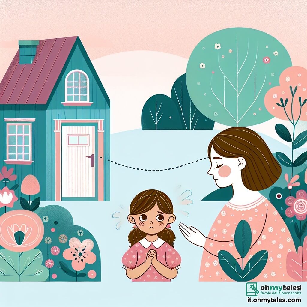 Une illustration destinée aux enfants représentant une petite fille, confrontée à la tentation de mentir, accompagnée de sa maman bienveillante, dans une jolie maison color pastello entourée d'un jardin fleuri.