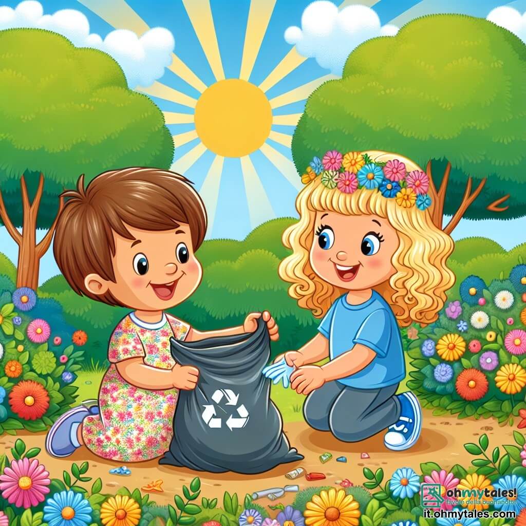 Une illustration sous forme de dessin destinée aux enfants représentant un jardin coloré et ensoleillé, rempli de fleurs éclatantes et d'arbres verdoyants, où une petite fille de 3 ans aux cheveux bouclés et blonds, portant une robe à fleurs, s'agenouille joyeusement pour ramasser des déchets avec un grand sourire, tandis qu'un garçon aux cheveux bruns et courts, vêtu d'un t-shirt bleu, l'aide en tenant un sac à ordures, illustrant ainsi leur engagement à protéger la nature et à rendre leur jardin magnifique.