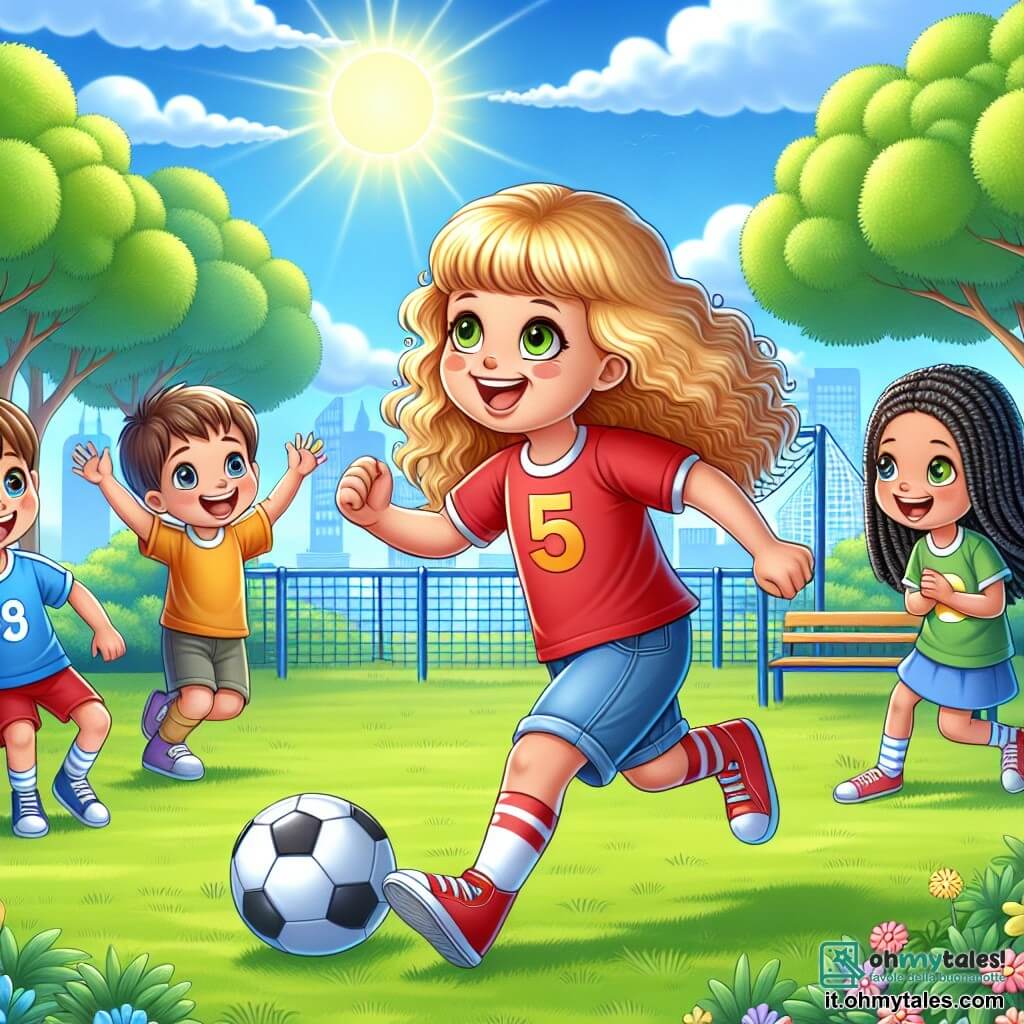 Illustrazione che rappresenta un parco soleggiato, con grandi alberi dalle foglie verdi brillanti e fiori colorati che circondano un'area giochi. Al centro dell'immagine, una bambina di 5 anni, con capelli ricci e dorati, indossa una maglietta rossa e un pantaloncino di jeans. Sta correndo con entusiasmo verso un pallone da calcio, il suo viso radioso di gioia e determinazione. Intorno a lei, diversi bambini di circa 7-9 anni giocano a calcio. Uno di loro, un ragazzo dai capelli castani e corti, indossa una maglietta blu e sorride incoraggiando la bambina. Un'altra ragazza, con trecce nere e una maglietta gialla, applaude e la sostiene. La scena cattura il momento in cui la bambina si prepara a colpire il pallone, circondata dai suoi amici che la incoraggiano con espressioni di gioia ed eccitazione. Il cielo è blu con alcune nuvole bianche, e l'atmosfera è piena di vita ed energia, simboleggiando fiducia in sé e amicizia.