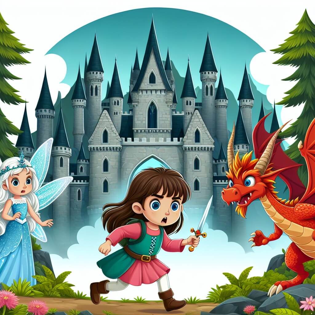 Une illustration destinée aux enfants représentant une jeune femme courageuse et curieuse, évoluant dans un majestueux château enchanté situé au cœur d'une forêt magique, accompagnée d'une fée étincelante et d'un dragon flamboyant, tous trois prêts à affronter un sorcier maléfique pour sauver le royaume.