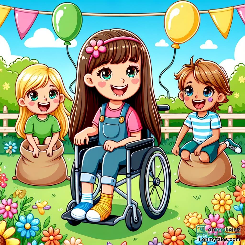 Une illustration sous forme de dessin destinée aux enfants représentant un parc ensoleillé, rempli de fleurs colorées et de ballons flottants, où une fille de 7 ans, avec de longs cheveux bruns et un sourire éclatant, est assise dans sa chaise roulante, entourée de ses amis qui l'encouragent joyeusement à participer à une course ludique ; parmi eux, un garçon aux cheveux blonds et une fille aux yeux pétillants, tous deux riant et s'apprêtant à sauter dans des sacs, illustrant ainsi l'esprit d'amitié et d'inclusion malgré les différences.