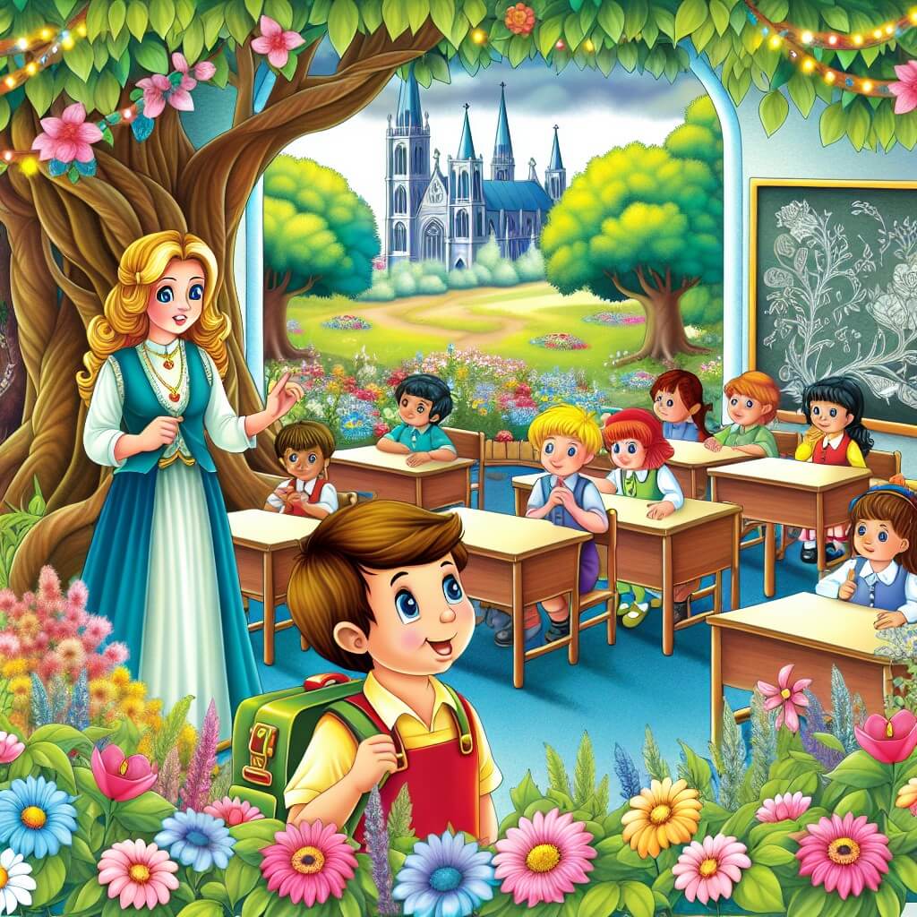 Une illustration destinée aux enfants représentant un jeune garçon plein de curiosité, se trouvant dans une salle de classe colorée, entouré de ses camarades de classe et de son enseignante, dans une école située au milieu d'un jardin enchanté rempli de fleurs et d'arbres majestueux.
