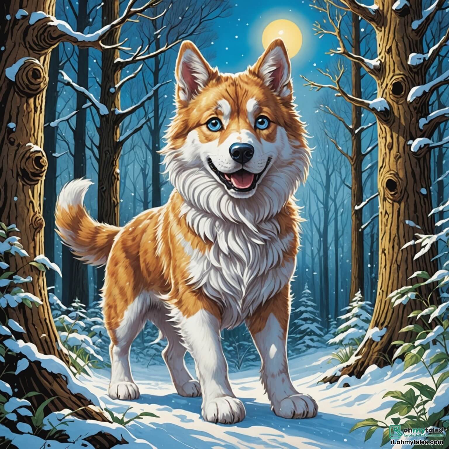 Une illustration destinée aux enfants représentant un grand chien au pelage blanc comme la neige, aux yeux bleus pétillants de curiosité, qui se lance dans une aventure palpitante à la recherche d'un trésor caché dans une forêt magique, peuplée d'arbres majestueux aux troncs noueux et aux feuilles scintillantes sous le soleil, où il rencontre un chat tigré, espiègle et malin, qui l'accompagne en lui révélant des secrets enchanteurs.