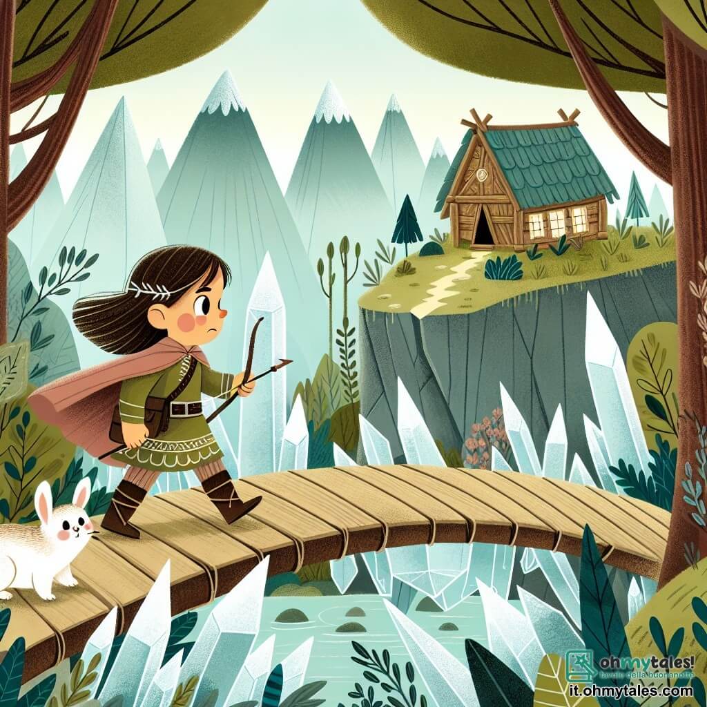 Une illustration destinée aux enfants représentant une jeune fille intrépide, accompagnée d'un petit lapin parlant, traversant un pont de cristal suspendu au-dessus d'un buron dans une forêt enchantée.