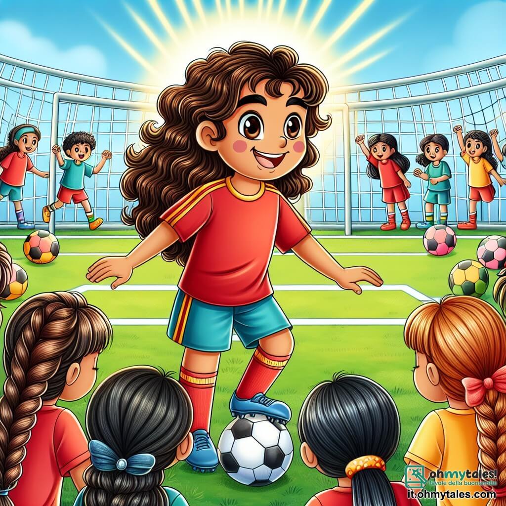 Une illustration sous forme de dessin destinée aux enfants représentant un terrain de football ensoleillé, avec un garçon de 11 ans aux cheveux bruns et bouclés, portant un maillot rouge et un short bleu, en train de sourire et de motiver ses amis à jouer, entouré de plusieurs filles aux cheveux longs, l'une avec une tresse et l'autre avec des couettes, qui s'apprêtent à tirer au but, illustrant l'esprit d'équipe et l'égalité des genres dans le sport, avec des ballons colorés et des spectateurs enthousiastes en arrière-plan.