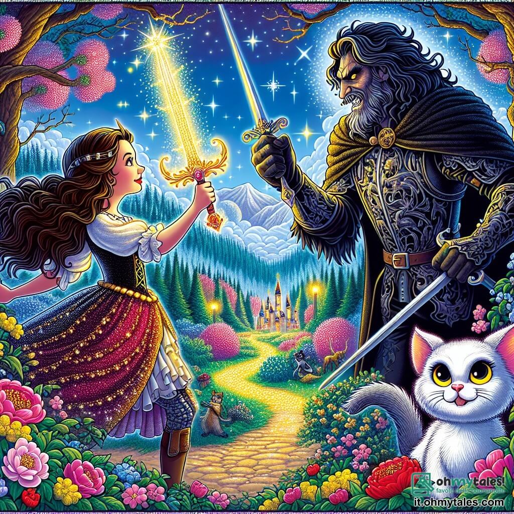 Une illustration sous forme de dessin destinée aux enfants représentant une magnifique vallée lumineuse, remplie d'arbres scintillants et de fleurs éclatantes, où une courageuse chevaleresse aux longs cheveux bruns, vêtue d'une armure brillante et brandissant une épée scintillante, se tient fièrement face à un tyran maléfique, un homme grand et sombre avec une cape noire, tandis qu'à ses côtés, une petite chatte blanche aux yeux pétillants observe la scène avec curiosité, capturant l'instant où la chevaleresse défie le tyran pour libérer la vallée de son emprise maléfique.
