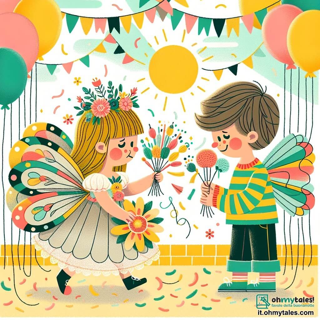 Une illustration destinée aux enfants représentant une fillette vêtue d'un costume de fée des fleurs, partageant des coriandres colorés avec un garçon timide, dans une place ensoleillée décorée de banderoles et de ballons pour le Carnaval.