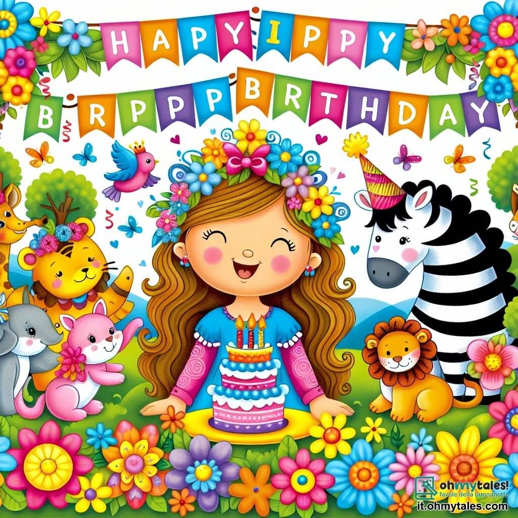 Une illustration destinée aux enfants représentant une jeune fille rayonnante le jour de son anniversaire, entourée d'animaux festifs dans un jardin fleuri aux couleurs éclatantes.