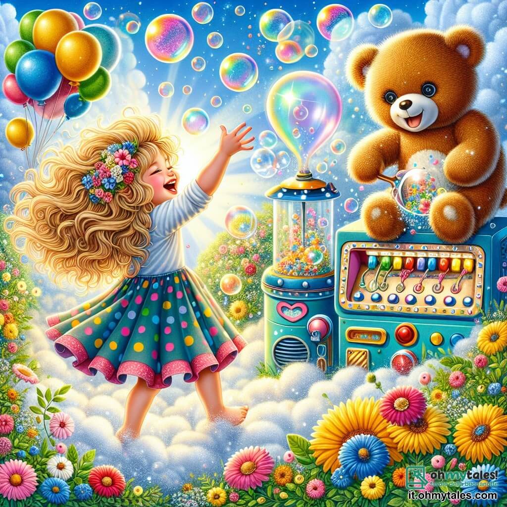 Illustrazione che rappresenta un giardino soleggiato, pieno di fiori colorati e di verde lussureggiante. Al centro, una bambina di 3 anni con i capelli ricci dorati come il sole, indossa un vestito a pois multicolori e scoppia a ridere mentre salta gioiosamente in un oceano di bolle di sapone giganti che fluttuano attorno a lei. Accanto a lei, un orsetto di peluche con pelliccia marrone e occhi brillanti cerca di catturare una bolla con le sue piccole zampe. Sullo sfondo, la Macchinatutto, una macchina colorata con luci lampeggianti e pulsanti, emette una leggera nebbia di farina, creando un'atmosfera giocosa e magica. Palloncini colorati volano nel cielo blu, aggiungendo un tocco di festa alla scena.