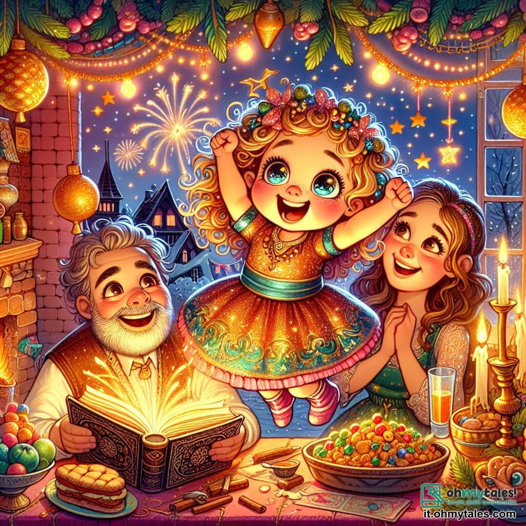 Une illustration sous forme de dessin destinée aux enfants représentant une chaleureuse maison colorée décorée de guirlandes scintillantes et de ballons dorés, où une petite fille de 5 ans aux cheveux bouclés et aux yeux pétillants, vêtue d'une robe brillante, saute de joie en tenant un livre ancien rempli de messages magiques, tandis que ses parents, un homme souriant avec une barbe et une femme aux cheveux longs et ondulés, l'observent avec des sourires émerveillés, tous réunis pour célébrer la fête du Nouvel An, entourés de plats délicieux et de feux d'artifice illuminant le ciel nocturne.