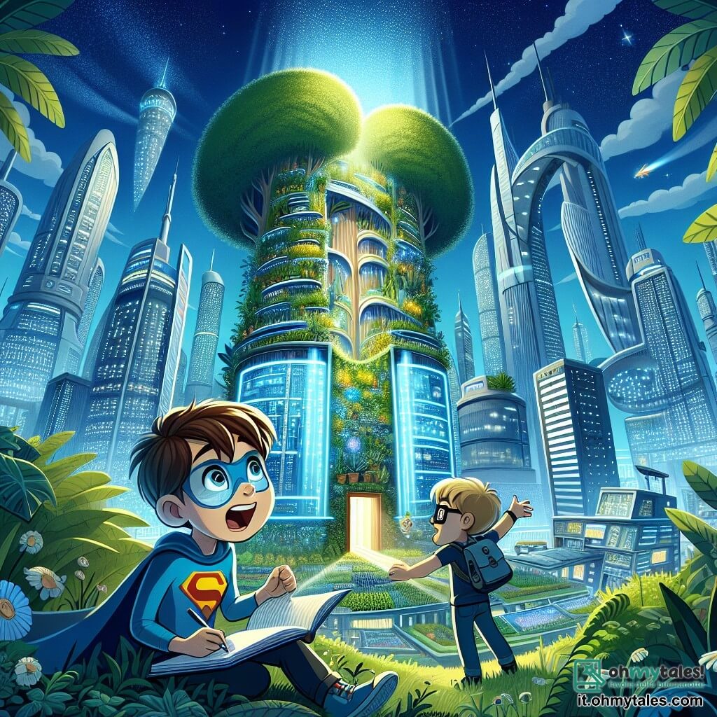Une illustration sous forme de dessin destinée aux enfants représentant une ville futuriste nommée Luminaria, avec ses grattaciels scintillants et ses jardins verticaux, où un garçon de 11 ans aux cheveux bruns et aux yeux pétillants, vêtu d'une t-shirt colorée de super-héros, observe émerveillé un grand arbre bleu lumineux avec une petite porte en bois, tandis que son ami, un garçon aux cheveux blonds et aux lunettes, prend des notes sur un carnet, tous deux en train de découvrir un passage secret qui pourrait les mener à une aventure incroyable pour rendre leur ville plus verte et durable.