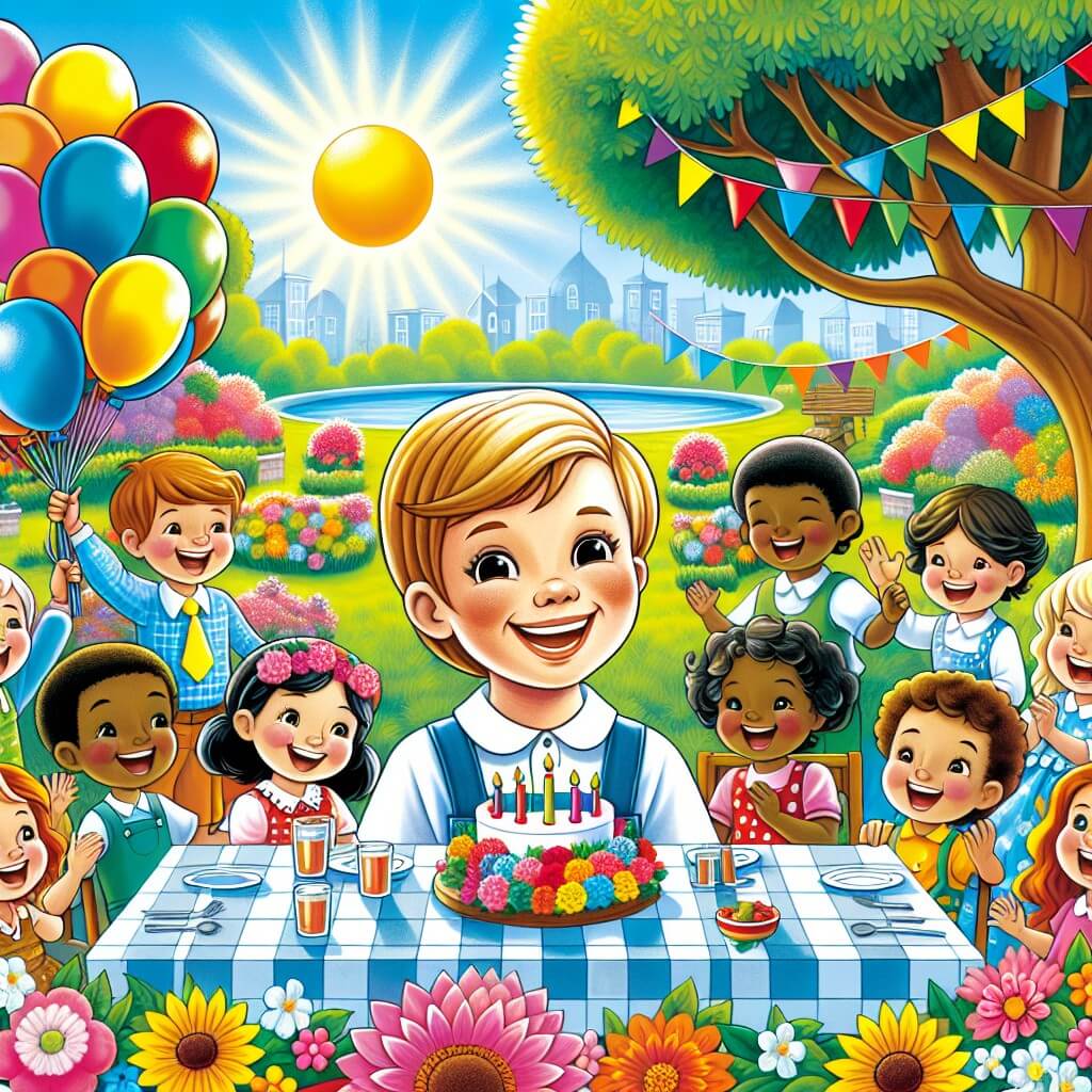 Une illustration destinée aux enfants représentant un jeune garçon souriant, au milieu d'un joyeux rassemblement d'amis et de famille, entouré de ballons colorés et d'une grande table de fête, dans un jardin ensoleillé avec des fleurs éclatantes et un grand arbre majestueux en arrière-plan.