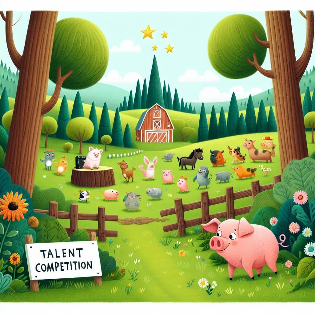 Une illustration destinée aux enfants représentant un adorable cochon curieux et malicieux, vivant dans une ferme entourée de prairies verdoyantes et d'arbres majestueux, découvrant une compétition de talents où tous les animaux de la ferme se préparent à montrer leurs incroyables capacités.