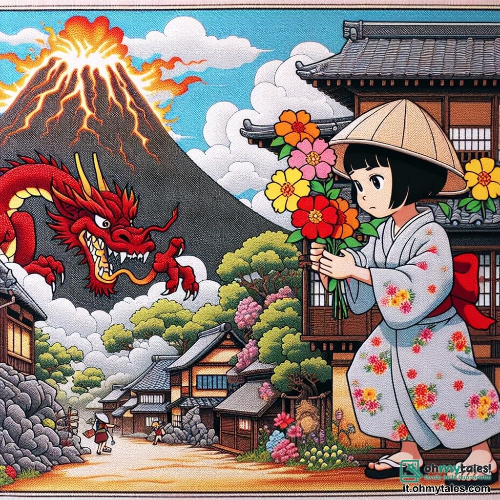 Une illustration destinée aux enfants représentant une femme vendeuse de fleurs au Japon, confrontée à un dragon rouge prisonnier d'une épée magique, dans un village pittoresque entouré d'une colline en éruption.