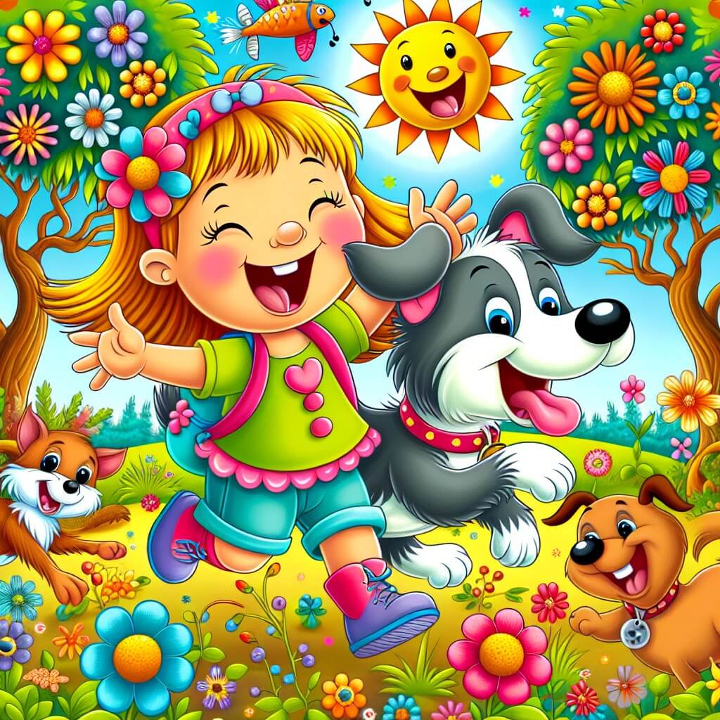 Une illustration destinée aux enfants représentant une petite fille espiègle et pleine d'énergie, accompagnée de son inséparable chien rigolo, dans un parc ensoleillé rempli de fleurs colorées et d'arbres aux branches tordues, où ils vivent des aventures hilarantes avec leurs amis animaux.