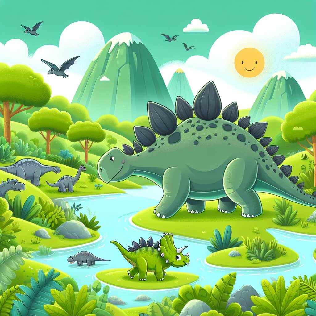 Une illustration destinée aux enfants représentant un majestueux stégosaure évoluant au cœur d'une vallée verdoyante, accompagné d'un petit triceratops, dans un monde préhistorique rempli de dinosaures.