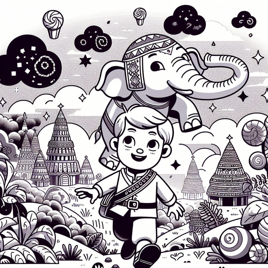 Une illustration destinée aux enfants représentant un jeune garçon aventurier, se retrouvant dans une situation loufoque en compagnie d'un éléphant géant, dans un paysage féerique rempli de maisons en bonbons, de nuages en guimauve et d'arbres en chocolat.