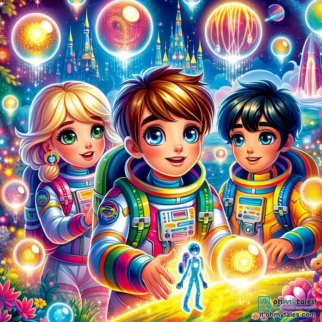 Une illustration sous forme de dessin destinée aux enfants représentant une scène vibrante sur le planète Veridion, avec un garçon de douze ans aux cheveux bruns et aux yeux pétillants, vêtu d'une combinaison spatiale colorée, observant avec émerveillement des orbs lumineux flottants autour de lui, tandis qu'une jeune fille aux cheveux blonds et une jeune garçon aux cheveux noirs, tous deux en tenues d'exploration, l'aident à interagir avec un être de lumière, symbolisant la découverte et l'amitié dans un monde extraterrestre rempli de couleurs éclatantes et de paysages féeriques.