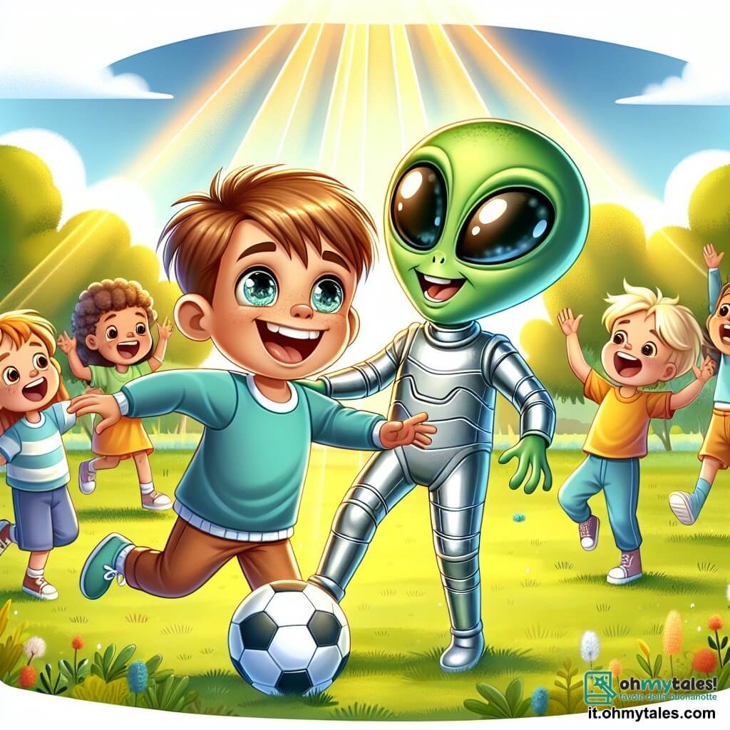 Une illustration sous forme de dessin destinée aux enfants représentant un parc coloré et ensoleillé, avec un garçon de 7 ans aux cheveux châtains et aux yeux pétillants, riant joyeusement tout en jouant au football avec un extraterrestre vert aux grands yeux en forme d'amande, vêtu d'un costume argenté, tandis que d'autres enfants aux cheveux blonds et bruns les entourent, applaudissant et riant, capturant l'instant magique où l'amitié entre un humain et un extraterrestre se forme à travers le jeu et la découverte.