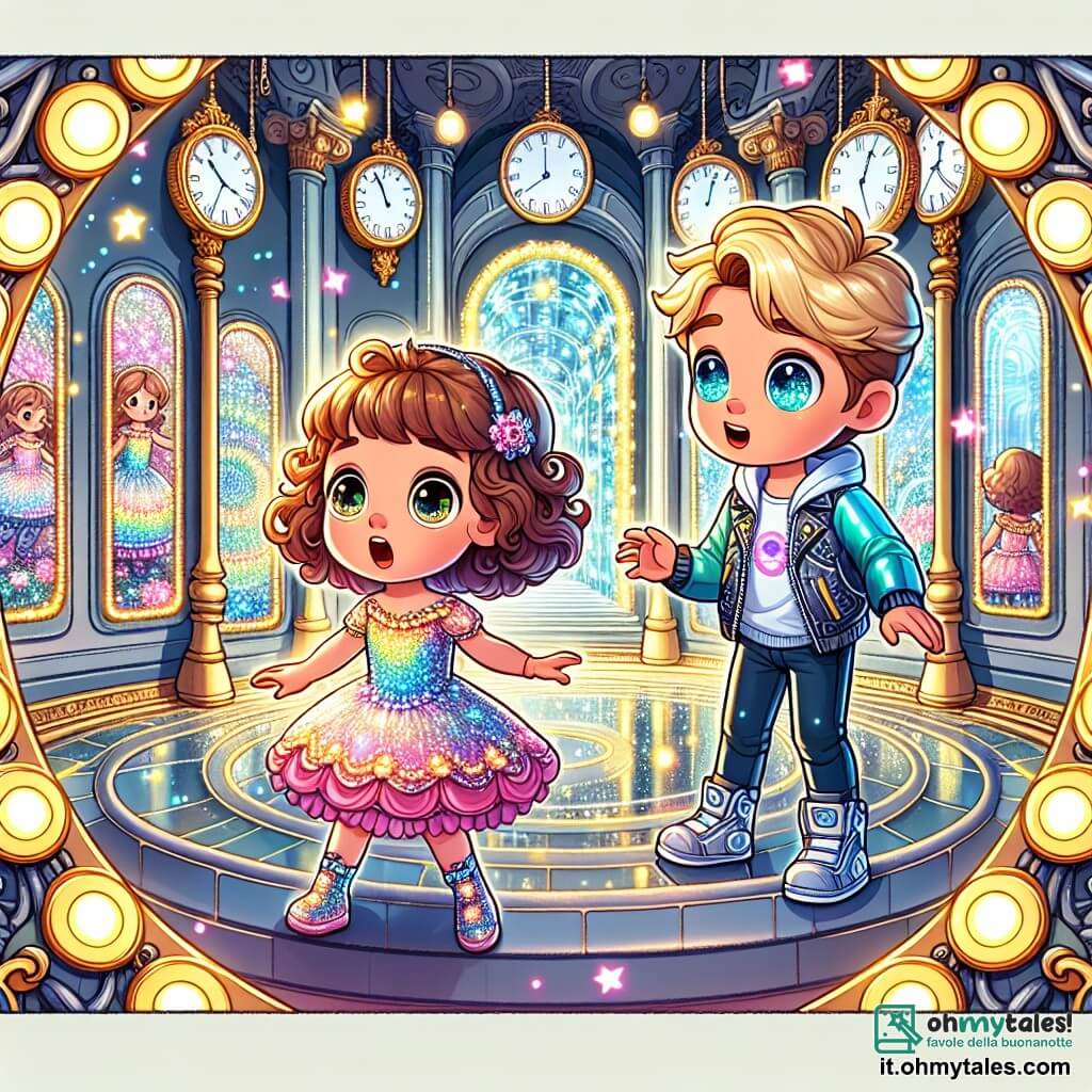 Une illustration sous forme de dessin destinée aux enfants représentant une vaste salle remplie de miroirs scintillants, où une fille de 9 ans aux cheveux bruns et bouclés, vêtue d'une robe colorée, se tient au centre, les yeux écarquillés d'émerveillement, tandis qu'un garçon aux cheveux blonds et aux yeux pétillants, vêtu d'un t-shirt futuriste, l'encourage à trouver son reflet authentique pour passer à l'étape suivante de leur aventure temporelle, avec des horloges flottantes et des lumières éclatantes qui ajoutent une touche magique à l'atmosphère.