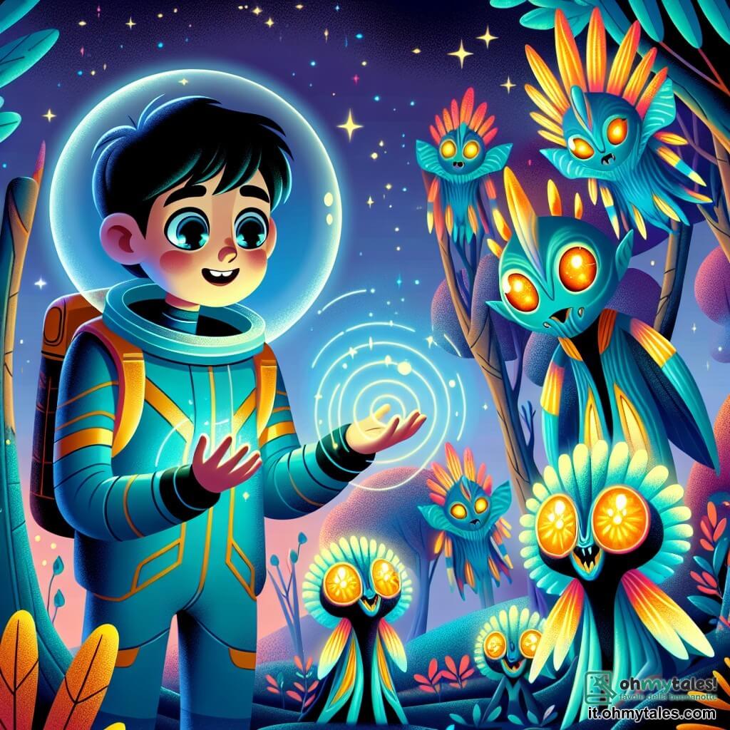 Une illustration sous forme de dessin destinée aux enfants représentant un paysage extraterrestre coloré sur le planète Zorath, avec un jeune garçon aux cheveux noirs et aux yeux brillants, portant une combinaison spatiale bleue, observant émerveillé des créatures Zorathiennes aux peaux scintillantes et aux yeux lumineux qui dansent autour de lui, alors qu'ils célèbrent leur amitié et leur coopération après avoir évité un désastre naturel, avec des arbres aux couleurs vives et un ciel étoilé en toile de fond.