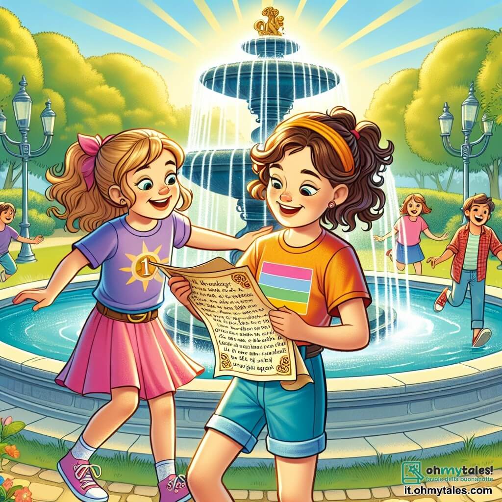 Une illustration sous forme de dessin destinée aux enfants représentant un parc ensoleillé avec une grande fontaine au centre, où une fille de 11 ans aux cheveux bouclés et bruns, vêtue d'une t-shirt coloré et d'un short, est en train de lire un mystérieux message trouvé entre les pierres de la fontaine, tandis qu'à ses côtés, sa meilleure amie, une autre fille aux cheveux lisses et blonds, sourit et l'encourage, toutes deux entourées de rires d'autres enfants qui s'apprêtent à participer à une chasse au trésor pleine de défis et d'aventures.