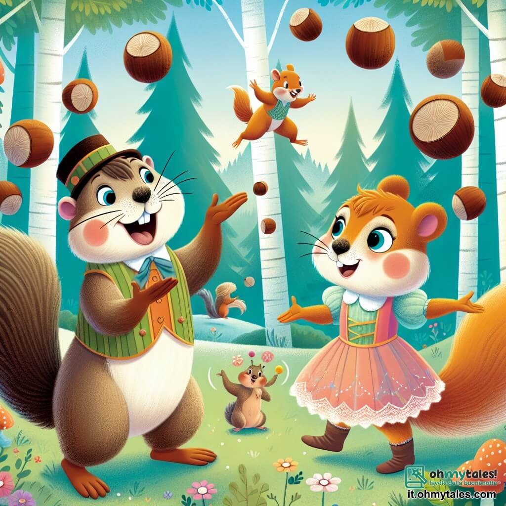Une illustration destinée aux enfants représentant une marmotte garçon, qui organise une grande fête dans une clairière enchantée de la forêt, avec son ami écureuil fille qui jongle avec des noisettes.