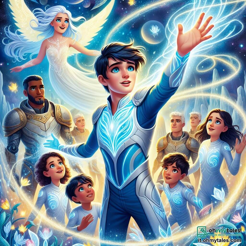 Une illustration sous forme de dessin destinée aux enfants représentant une scène vibrante sur le planète Lumina, où un jeune homme aux cheveux bruns et aux yeux azur, vêtu d'une combinaison spatiale brillante, se tient au centre, tendant la main pour unir les énergies lumineuses des Lumini, des êtres éthérés aux corps scintillants et aux yeux étoilés, qui l'entourent avec curiosité, tandis qu'en arrière-plan, des Vorax robustes, avec des armures de pierre et des expressions déterminées, observent la scène, tous réunis dans un moment de tension et d'espoir, alors qu'une tempête d'énergie lumineuse tourbillonne au-dessus d'eux, symbolisant le conflit à surmonter pour instaurer la paix.
