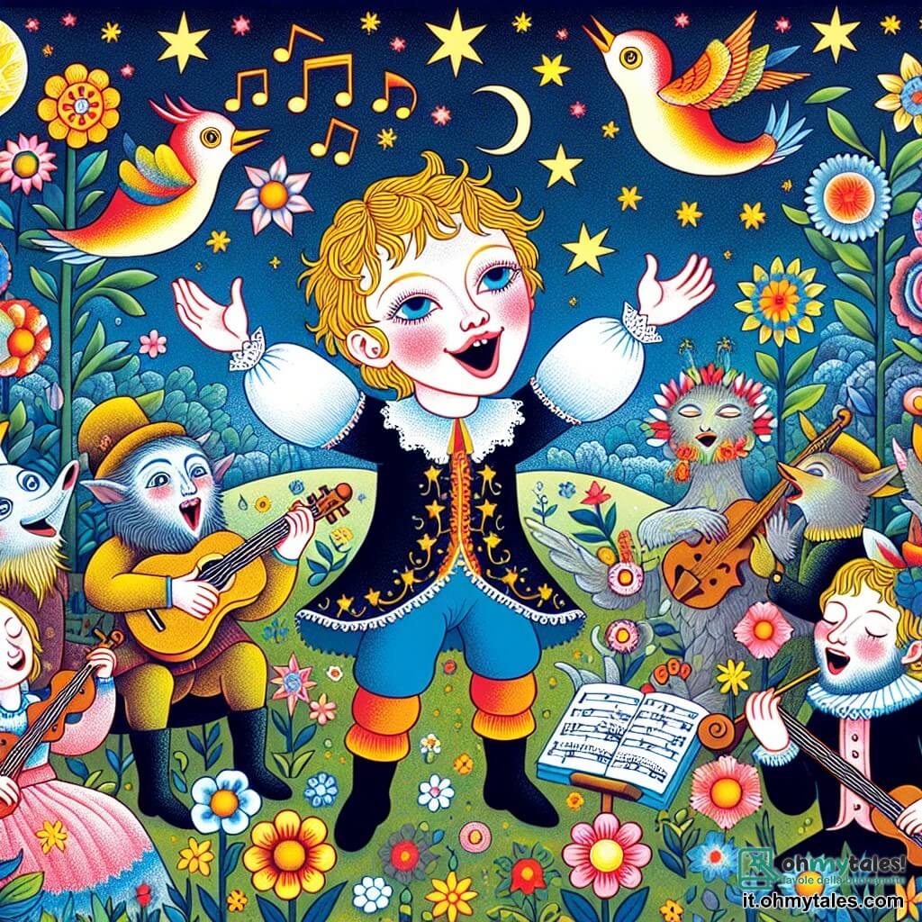 Une illustration destinée aux enfants représentant une jeune fille au visage radieux, entourée d'amis musiciens, chantant joyeusement sous un ciel étoilé, dans un jardin enchanté rempli de fleurs multicolores et d'oiseaux chanteurs.