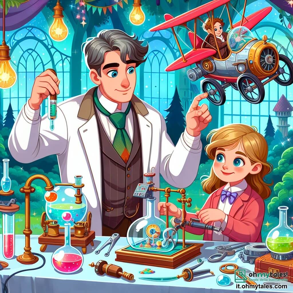 Une illustration destinée aux enfants représentant un inventeur homme, travaillant sur une auto volante avec l'aide d'une jeune fille curieuse, dans un laboratoire coloré rempli d'ingrédients et d'outils magiques, situé au bord d'un bois enchanté.
