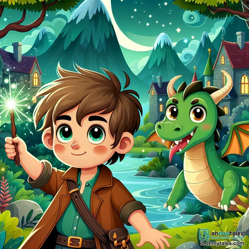 Une illustration destinée aux enfants représentant un jeune garçon aux cheveux ébouriffés, tenant une baguette magique brillante, accompagné d'un dragon vert espiègle, dans un village enchanté entouré de collines mystérieuses et de bosquets magiques.