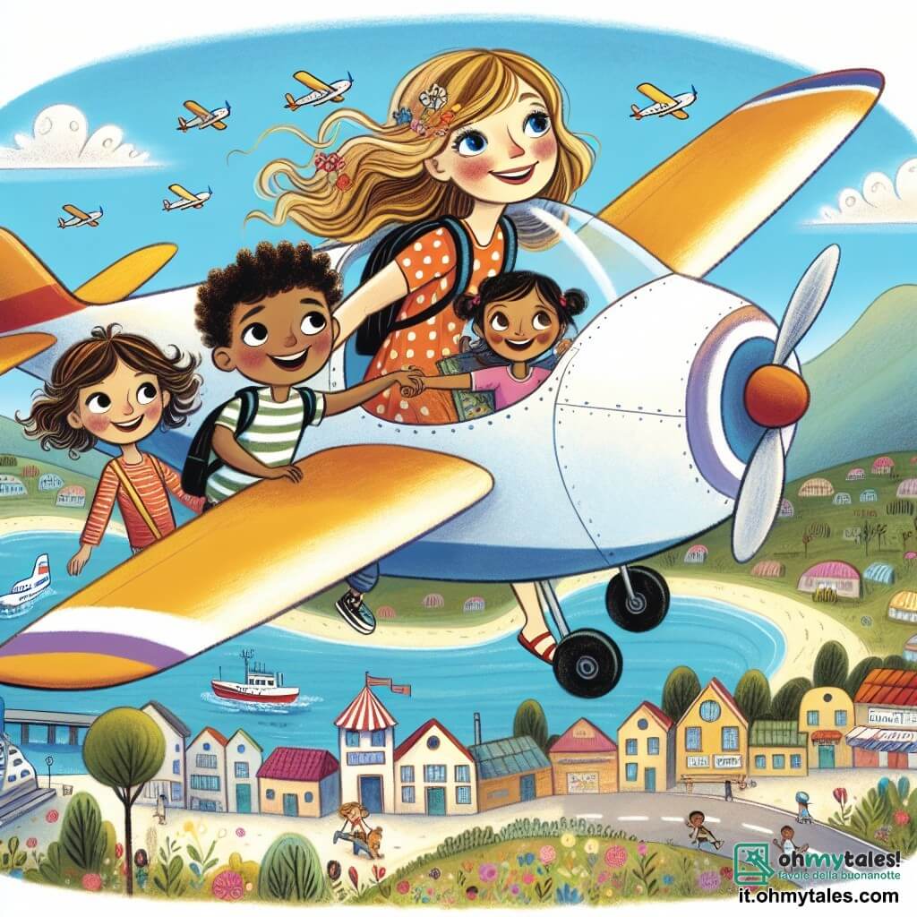 Une illustration destinée aux enfants représentant une jeune femme rêveuse et déterminée, accompagnée de trois enfants joyeux, prêts à s'envoler à bord d'un petit avion coloré, surplombant la ville de Campobello avec ses maisons pittoresques et son aéroport animé, illustrant ainsi les histoires de pilotes d'avion.