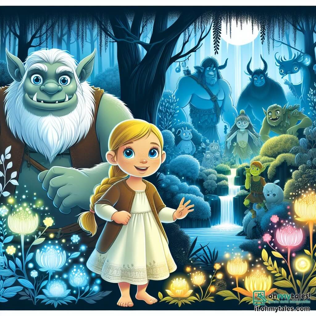 Une illustration destinée aux enfants représentant un ogre gentil et imposant, une fillette curieuse, un bosco incantato illuminato da fiori luminosi, et un regno misterioso rempli de créatures fantastiques.