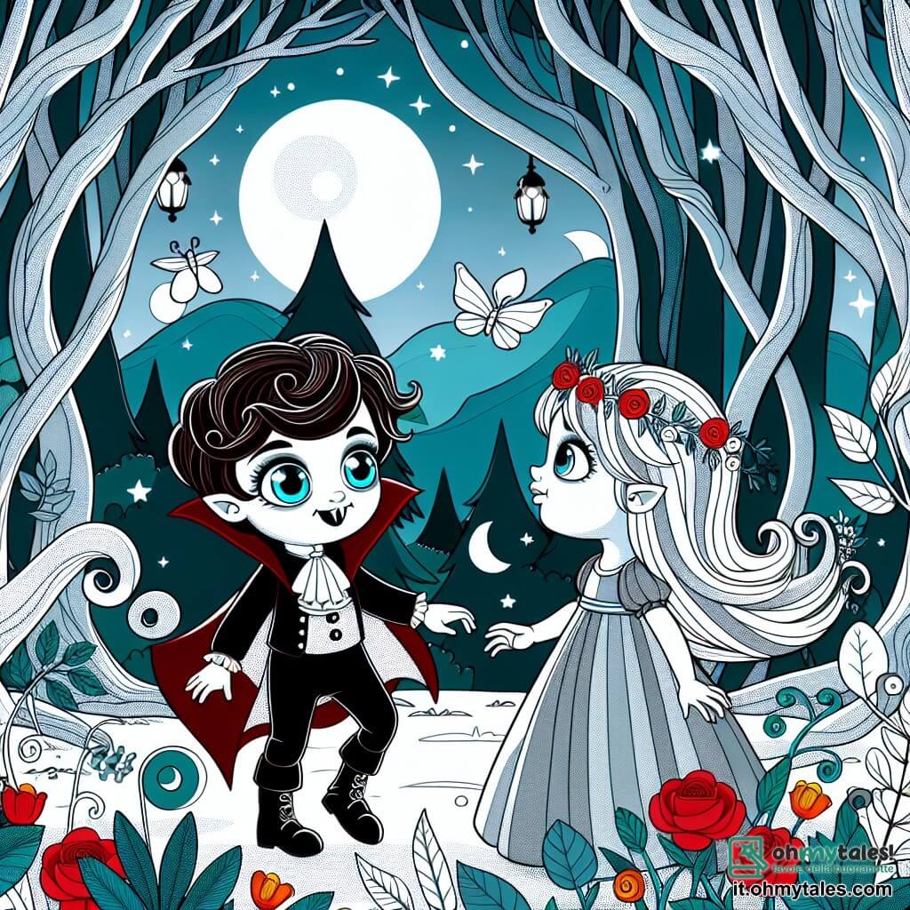 Une illustration destinée aux enfants représentant une jeune vampire au regard brillant, rencontrant une fillette curieuse dans une clairière enchantée de la Foresta Incantata, où les fleurs dansaient au clair de lune et les arbres chuchotaient des secrets magiques.