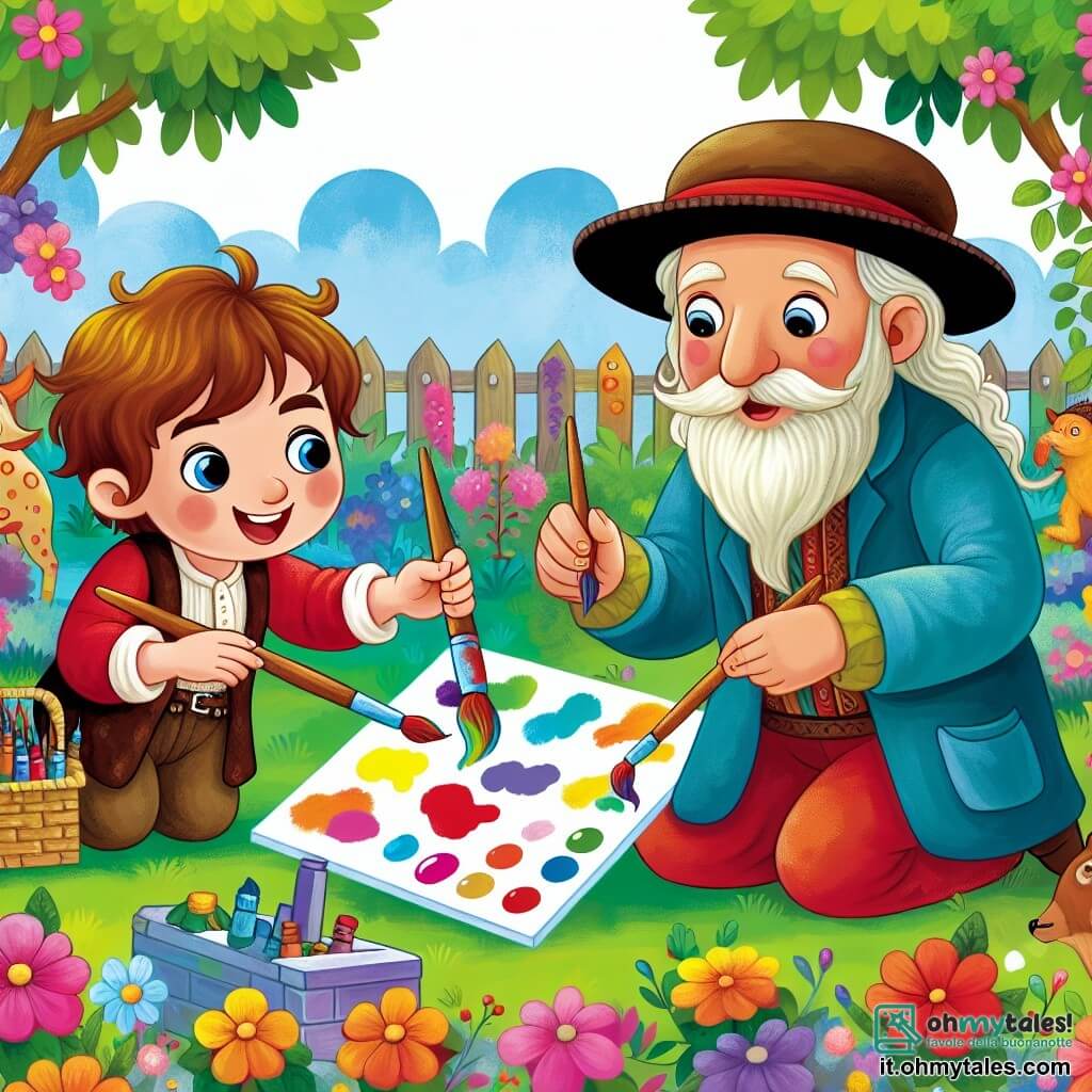 Une illustration destinée aux enfants représentant un petit garçon curieux et joyeux, créant des œuvres d'art colorées avec l'aide d'un artiste bienveillant, dans un jardin enchanté rempli de fleurs et d'animaux fantastiques.