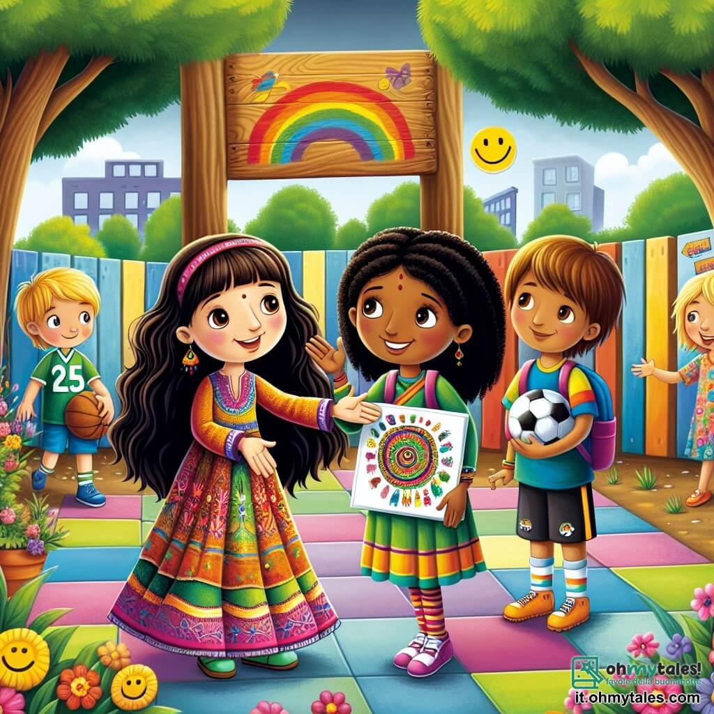 Illustrazione che rappresenta una scena vivace nel cortile di una scuola elementare. Il pavimento è coperto di piastrelle colorate, circondato da grandi alberi con foglie verdi, e fiori multicolori crescono lungo i muri. Sullo sfondo, un grande pannello di legno dipinto con disegni di arcobaleni e sorrisi. Al centro dell'immagine, una ragazza di circa nove anni, con capelli ricci e castani, con un sorriso caloroso, tende la mano verso una nuova compagna. Accanto a lei, una ragazza di origine indiana, con lunghi capelli neri e pelle caramello, indossa un vestito tradizionale colorato. Sorride timidamente, tenendo un disegno che rappresenta un festival indiano. Dietro di loro, un ragazzo di circa nove anni, con capelli castani e un abbigliamento da calcio, dribbla un pallone, mentre un'altra ragazza, con capelli biondi e una maglietta a motivi, mostra disegni alla nuova compagna. L'atmosfera è gioiosa e accogliente, illustrando un momento di condivisione e scoperta tra amici di diverse culture, simboleggiando tolleranza e amicizia. Uccelli colorati volano nel cielo blu, aggiungendo un tocco di magia a questa scena.