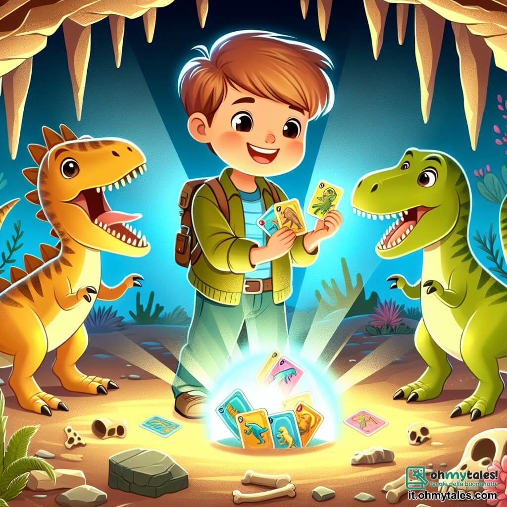 Une illustration destinée aux enfants représentant un archéologue passionné, un garçon, découvrant des dinosaures jouant aux cartes dans une grotte mystérieuse et lumineuse, accompagné de ses nouveaux amis, des dinosaures colorés et amicaux, dans un paysage désertique parsemé de fossiles.