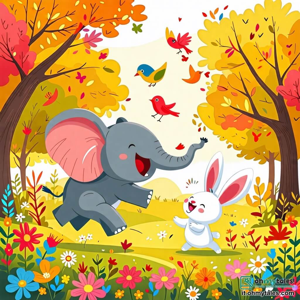 Une illustration sous forme de dessin destinée aux enfants représentant un parc ensoleillé avec des arbres colorés et des fleurs éclatantes, où un éléphant joyeux aux grandes oreilles et à la peau grise, qui rit en courant, participe à une course amicale avec un petit lapin aux poils blancs et aux grandes oreilles, qui saute avec enthousiasme, tandis qu'un groupe d'oiseaux colorés les observe en chantant, capturant l'esprit de l'amitié et du plaisir du jeu.