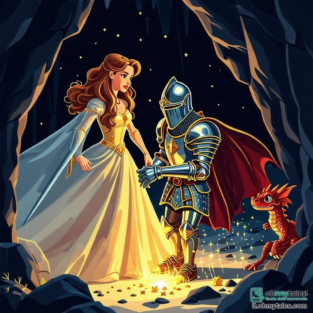 Une illustration destinée aux enfants représentant un chevalier courageux, vêtu d'une armure étincelante comme un rayon de soleil, qui se lance dans une quête audacieuse pour sauver une princesse emprisonnée dans une caverne sombre et mystérieuse, où des ombres dansent autour de trésors scintillants, tandis qu'un petit dragon, curieux et malicieux, observe tout cela depuis un coin de la grotte.