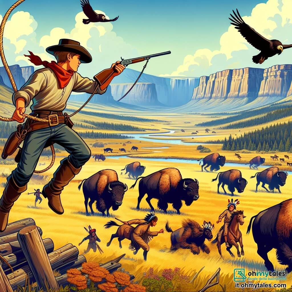 Une illustration destinée aux enfants représentant un jeune cow-boy courageux, une tribu indigène en détresse, et une vaste Vallée des Bison parsemée de bisonti en liberté, où se déroulent des aventures palpitantes.