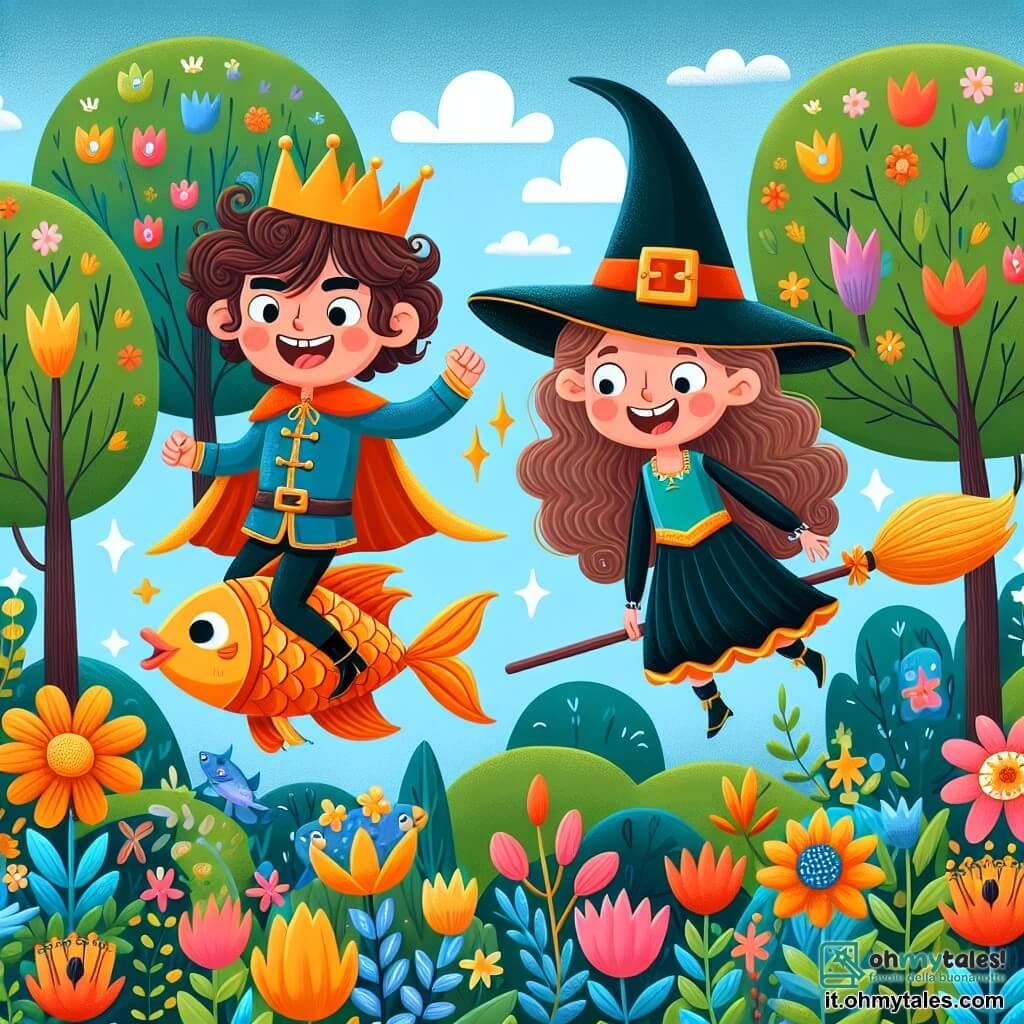Une illustration sous forme de dessin destinée aux enfants représentant un jardin enchanté rempli de fleurs colorées et de grands arbres, où un prince courageux aux cheveux bouclés et à la couronne dorée rit en jouant avec une strega espiègle, portant un grand chapeau pointu et chevauchant une balai magique, alors qu'un poisson volant, transformé par la magie, nage joyeusement autour d'eux, capturant l'esprit ludique et rigolo de leur quête pour trouver un trésor.