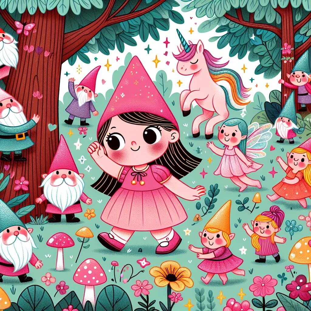 Une illustration destinée aux enfants représentant une petite fille espiègle, vêtue d'une robe rose et coiffée d'un chapeau pointu, qui se retrouve au cœur d'un bosquet enchanté rempli de lutins facétieux et d'animaux magiques, tels que des licornes colorées et des fées étincelantes.