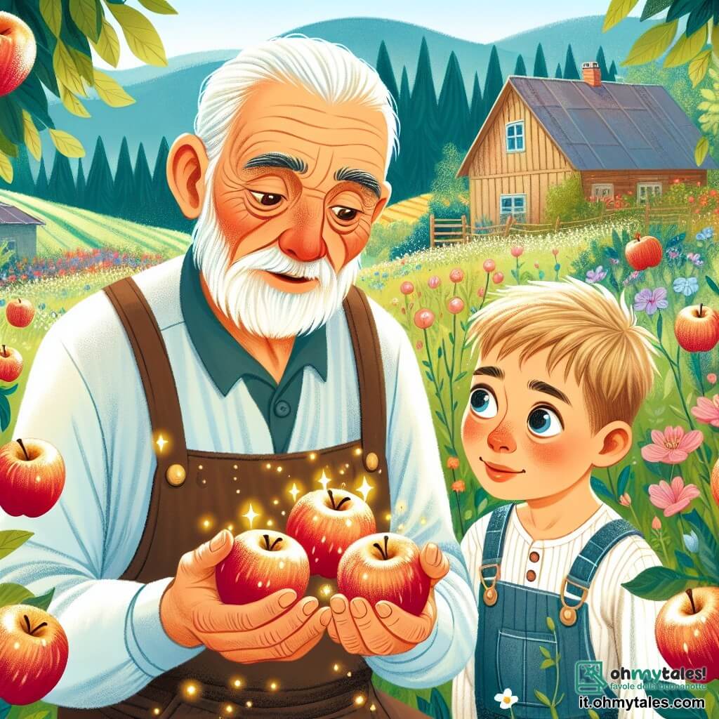 Une illustration destinée aux enfants représentant un homme passionné par la nature, découvrant des pommes brillantes comme des étoiles dans son champ enchanté, accompagné de son petit neveu curieux, un garçon aux yeux pétillants, dans un petit village entouré de champs verdoyants et fleuris.